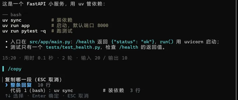 回复里带一段 bash 代码块时输入 /copy，弹出复制哪一段：整条回复 10 行，或代码 1（bash）3 行